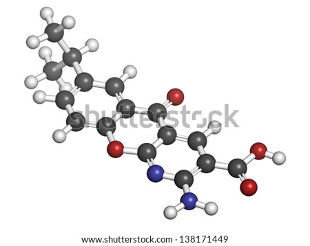Amlexanox canker sore drug, molecular model. Amlexanox is used to treat aphthous ulcers in the mouth as well as several inflammatory diseases. Atoms are represented as spheres