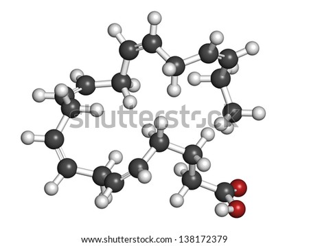 Eicosapentaenoic acid (EPA) omega-3 fatty acid, molecular model. EPA is abundant in many fish oils. Atoms are represented as spheres with conventional color coding