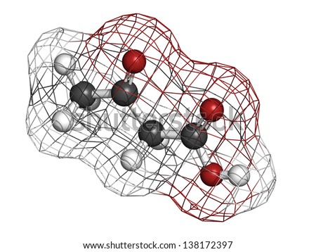 Ketone body (acetoacetic acid), molecular model. Atoms are represented as spheres with conventional color coding: hydrogen (white), carbon (grey), oxygen (red)