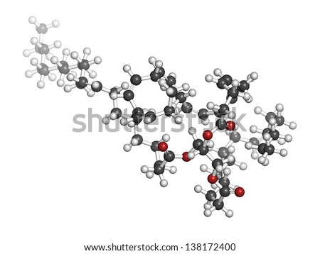 Fish oil triglyceride containing docosahexanoic acid (DHA), gadoleic acid and palmitoleic acid. Molecular model. Atoms are represented as spheres with conventional color coding