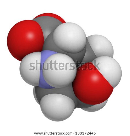 Hydroxyproline (Hyp) collagen building block, molecular model. Atoms are represented as spheres with conventional color coding: hydrogen (white), carbon (grey), oxygen (red), nitrogen (blue)