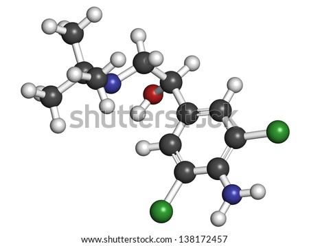Clenbuterol asthma drug, molecular model. Clenbuterol is also used in sports doping and as a growth-promoting agent. Atoms are represented as spheres with conventional color coding