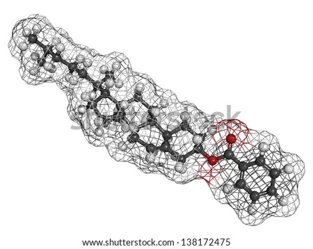 Cholesteryl benzoate liquid crystal molecule, chemical structure. Atoms are represented as spheres with conventional color coding: hydrogen (white), carbon (grey), oxygen (red)