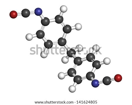 Methylene diphenyl diisocyanate molecule (MDI), polyurethane (PU) building block. Atoms are represented as spheres with conventional color coding: hydrogen (white), carbon (grey), oxygen (red), etc