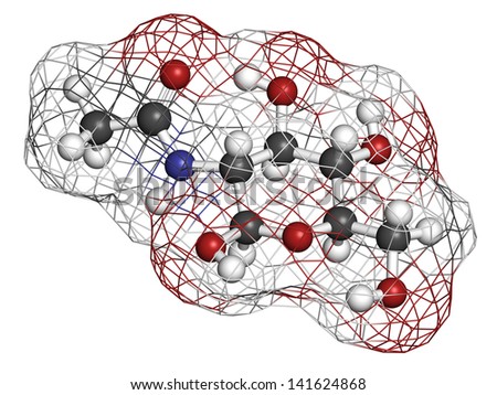 N-Acetylglucosamine (NAG) food supplement molecule. Atoms are represented as spheres with conventional color coding: hydrogen (white), carbon (grey), oxygen (red), nitrogen (blue). Wireframe surface.