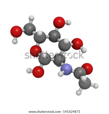 N-Acetylglucosamine (NAG) food supplement molecule. Atoms are represented as spheres with conventional color coding: hydrogen (white), carbon (grey), oxygen (red), nitrogen (blue).