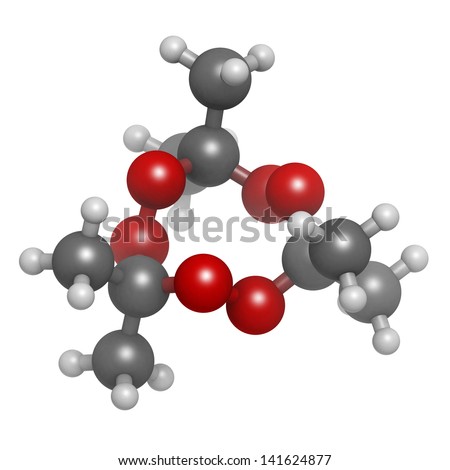 Acetone peroxide (triacetone peroxide, TATP) explosive molecule, chemical structure. Atoms are represented as spheres with conventional color coding: hydrogen (white), carbon (grey), oxygen (red)
