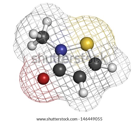 Methylisothiazolinone (MIT, MI) preservative molecule, chemical structure. Often used in water-based products, e.g. cosmetics. Atoms are represented as spheres with conventional color coding