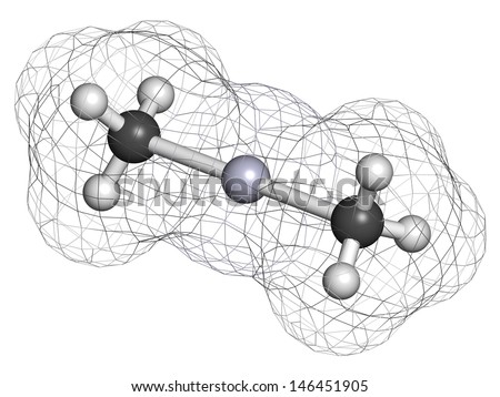Dimethylmercury  (organomercury compound), chemical structure. Extremely toxic neurotoxin. Atoms are represented as spheres with conventional color coding: hydrogen (white), etc
