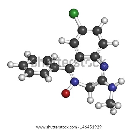 Chlordiazepoxide sedative and hypnotic drug, chemical structure. Atoms are represented as spheres with conventional color coding: hydrogen (white), carbon (grey), oxygen (red), nitrogen (blue), etc