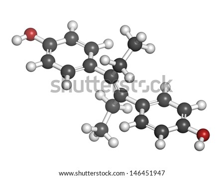 Diethylstilbestrol (DES, stilboestrol) synthetic estrogen molecule, chemical structure. Known for its teratogenic and carcinogenic side effects. Atoms are represented as spheres