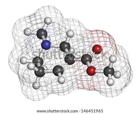 Arecoline areca nut stimulant compound, chemical structure. Atoms are represented as spheres with conventional color coding: hydrogen (white), carbon (grey), oxygen (red), nitrogen (blue).