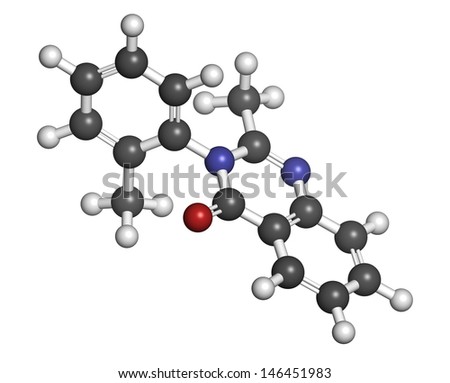 Methaqualone recreational drug, chemical structure. Atoms are represented as spheres with conventional color coding: hydrogen (white), carbon (grey), oxygen (red), nitrogen (blue).
