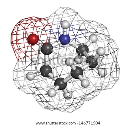 Caprolactam, the building block of Nylon-6 (polycaprolactam) plastic. Atoms are represented as spheres with conventional color coding: hydrogen (white), carbon (grey), oxygen (red), nitrogen (blue)