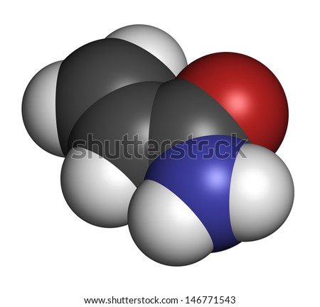 acrylamide molecule, polyacrylamide building block and heat-generated food pollutant. Atoms are represented as spheres with conventional color coding: hydrogen (white), carbon (grey), etc
