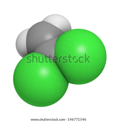 1,1-dichloroethene (DCE) polyvinylidene chloride (PVDC) building block. Atoms are represented as spheres with conventional color coding: hydrogen (white), carbon (grey), chlorine (green).
