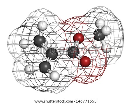 Methyl methacrylate molecule, poly(methyl methacrylate) or acrylic glass building block. Atoms are represented as spheres with conventional color coding: hydrogen (white), carbon (grey), etc