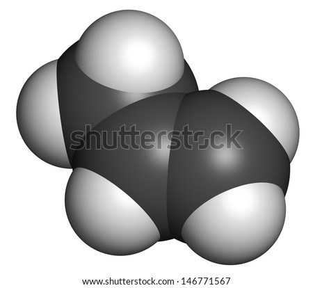Propylene (propene), polypropylene (PP, polypropene) plastic building block. Atoms are represented as spheres with conventional color coding: hydrogen (white), carbon (grey).