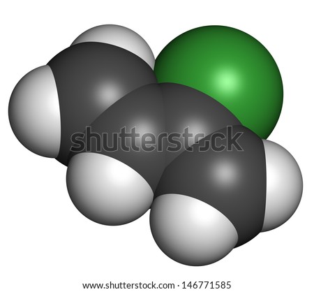 Chloroprene, the building block of polychloroprene synthetic rubber. Atoms are represented as spheres with conventional color coding: hydrogen (white), carbon (grey), chlorine (green).
