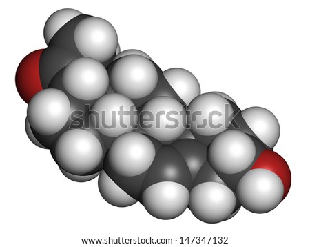 Pregnenolone neurosteroid and prohormone molecule, chemical structure. Atoms are represented as spheres with conventional color coding: hydrogen (white), carbon (grey), oxygen (red).