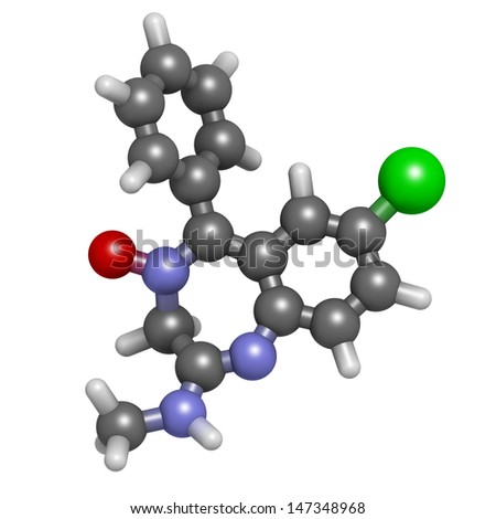Chlordiazepoxide sedative and hypnotic drug, chemical structure. Atoms are represented as spheres with conventional color coding: hydrogen (white), carbon (grey), oxygen (red), etc