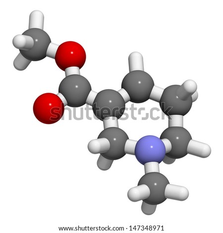 Arecoline areca nut stimulant compound, chemical structure. Atoms are represented as spheres with conventional color coding: hydrogen (white), carbon (grey), oxygen (red), nitrogen (blue).