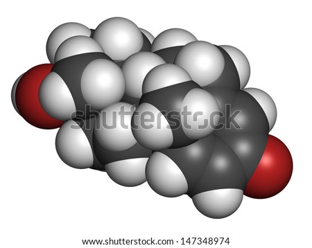 Boldenone anabolic steroid, chemical structure. Used in veterinary medicine and as a performance enhancing drug in sports. Atoms are represented as spheres with conventional color coding