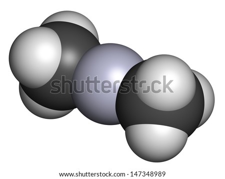 Dimethylmercury  (organomercury compound), chemical structure. Extremely toxic neurotoxin. Atoms are represented as spheres with conventional color coding: hydrogen (white), carbon (grey), etc