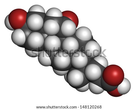 Ursodiol (ursodeoxycholic acid, UDCA) gallstone treatment drug, chemical structure. Atoms are represented as spheres with conventional color coding: hydrogen (white), carbon (grey), oxygen (red)