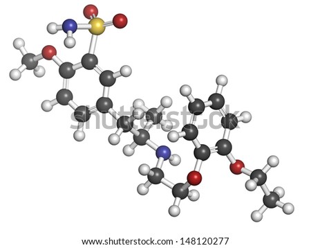 Tamsulosin benign prostatic hyperplasia (BPH) drug, chemical structure. Atoms are represented as spheres with conventional color coding: hydrogen (white), carbon (grey), oxygen (red), etc