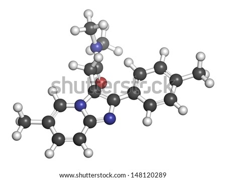 Zolpidem insomnia drug (sleeping pill), chemical structure. Atoms are represented as spheres with conventional color coding: hydrogen (white), carbon (grey), oxygen (red), nitrogen (blue)