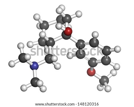 Tramadol opioid analgesic drug, chemical structure. Atoms are represented as spheres with conventional color coding: hydrogen (white), carbon (grey), oxygen (red), nitrogen (blue)