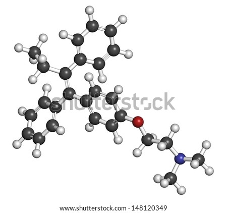 Tamoxifen breast cancer drug, chemical structure. Atoms are represented as spheres with conventional color coding: hydrogen (white), carbon (grey), oxygen (red), nitrogen (blue)