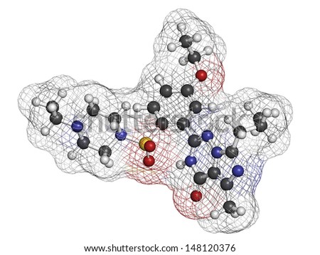 Vardenafil erectile dysfunction drug, chemical structure. Atoms are represented as spheres with conventional color coding: hydrogen (white), carbon (grey), oxygen (red), nitrogen (blue), etc