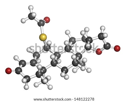 Spironolactone diuretic, antihypertensive and antiandrogen drug, chemical structure. Atoms are represented as spheres with conventional color coding: hydrogen (white), carbon (grey), oxygen (red), etc