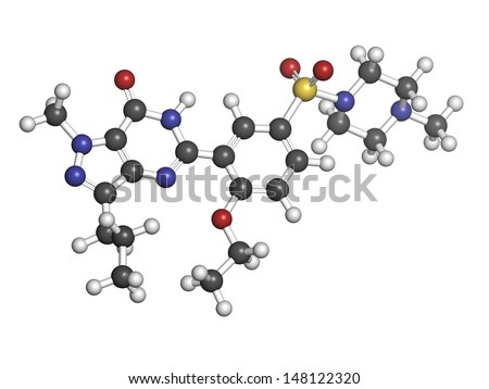 Sildenafil erectile dysfunction drug, chemical structure. Atoms are represented as spheres with conventional color coding: hydrogen (white), carbon (grey), oxygen (red), nitrogen (blue), etc
