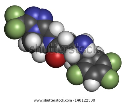 Sitagliptin diabetes drug, chemical structure. Atoms are represented as spheres with conventional color coding: hydrogen (white), carbon (grey), oxygen (red), nitrogen (blue), fluorine (green)