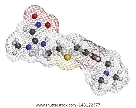 Ranitidine peptic ulcer disease drug, chemical structure. Blocks stomach acid production. Atoms are represented as spheres with conventional color coding: hydrogen (white), carbon (grey), etc