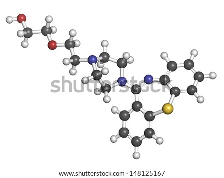 Quetiapine antipsychotic drug, chemical structure. Atoms are represented as spheres with conventional color coding: hydrogen (white), carbon (grey), nitrogen (blue), sulfur (yellow), oxygen (red)