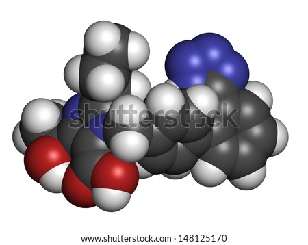 Olmesartan high blood pressure (hypertension) drug. Atoms are represented as spheres with conventional color coding: hydrogen (white), carbon (grey), nitrogen (blue), oxygen (red)