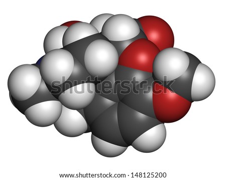 Oxycodone pain relief drug, chemical structure. Atoms are represented as spheres with conventional color coding: hydrogen (white), carbon (grey), oxygen (red), nitrogen (blue)