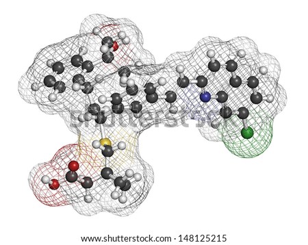 Montelukast asthma and airway allergy drug, chemical structure. Atoms are represented as spheres with conventional color coding: hydrogen (white), carbon (grey), oxygen (red), etc