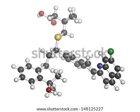 Montelukast asthma and airway allergy drug, chemical structure. Atoms are represented as spheres with conventional color coding: hydrogen (white), carbon (grey), oxygen (red), nitrogen (blue), etc