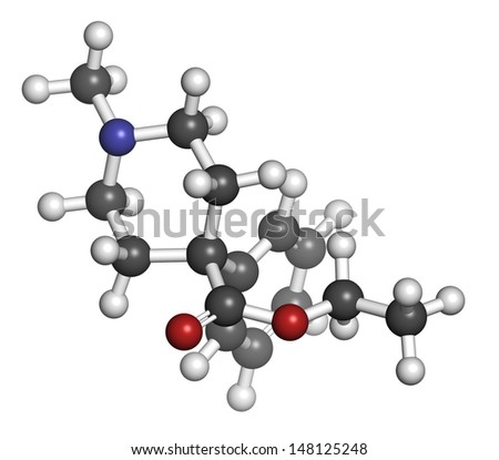 Pethidine opioid analgesic drug, chemical structure. Atoms are represented as spheres with conventional color coding: hydrogen (white), carbon (grey), oxygen (red), nitrogen (blue)
