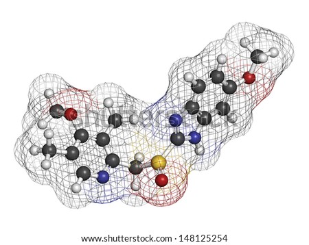 Omeprazole dyspepsia and peptic ulcer disease drug (proton pump inhibitor), chemical structure.  Atoms are represented as spheres with conventional color coding