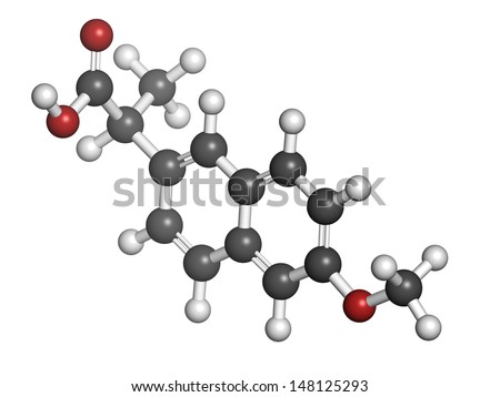 Naproxen pain and inflammation drug (NSAID), chemical structure. Atoms are represented as spheres with conventional color coding: hydrogen (white), carbon (grey), oxygen (red)