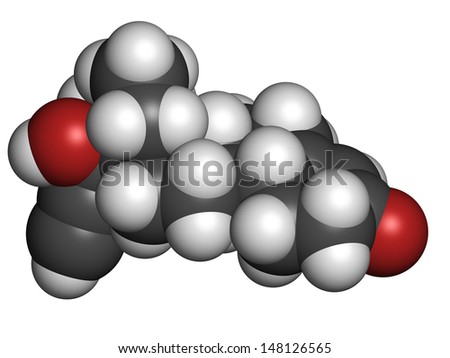 Levonorgestrel contraceptive pill drug, chemical structure. Atoms are represented as spheres with conventional color coding: hydrogen (white), carbon (grey), oxygen (red)