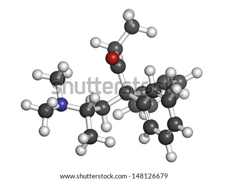 Methadone opioid dependency drug, chemical structure. Also used as analgesic. Atoms are represented as spheres with conventional color coding: hydrogen (white), carbon (grey), oxygen (red), etc