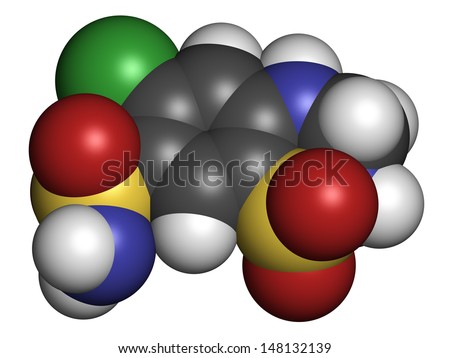 Hydrochlorothiazide diuretic drug, chemical structure. Atoms are represented as spheres with conventional color coding: hydrogen (white), carbon (grey), nitrogen (blue), oxygen (red), etc