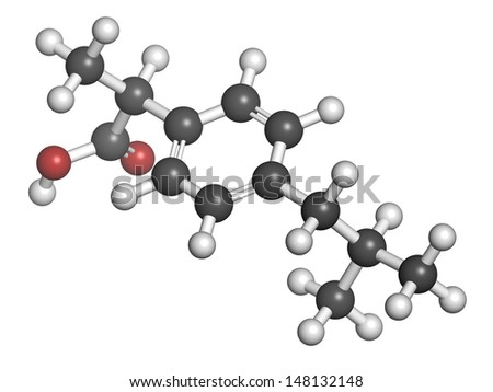 Ibuprofen pain and inflammation drug (NSAID), chemical structure. Atoms are represented as spheres with conventional color coding: hydrogen (white), carbon (grey), oxygen (red)
